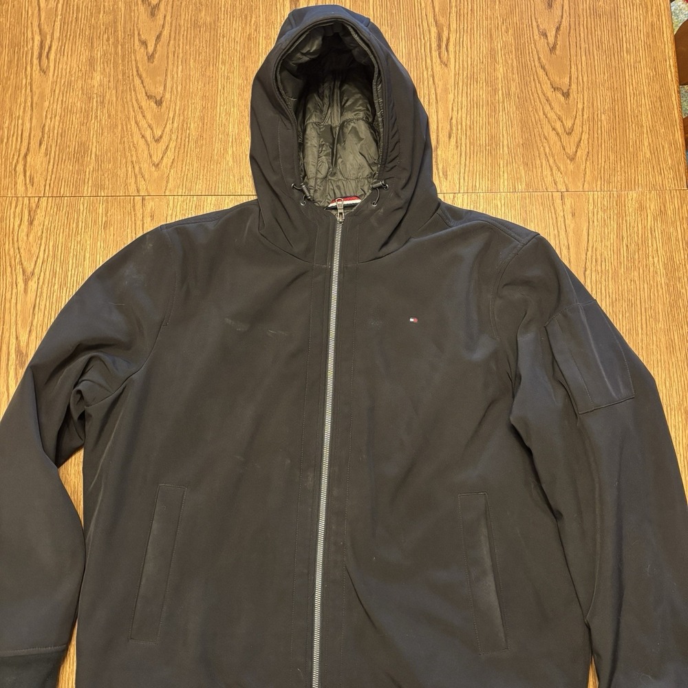 TOMMY HILFIGER Hooded Softshell Jacket XXL Black Water Wind Resistant Quilted
